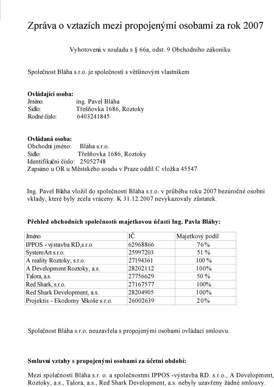 Pavel Bláha vložil do společnosti Bláha s.r.o. v průběhu roku 2007 bezúročné osobní vklady, které byly zcela vráceny. K 31.12.2007 nevykazovaly zůstatek.