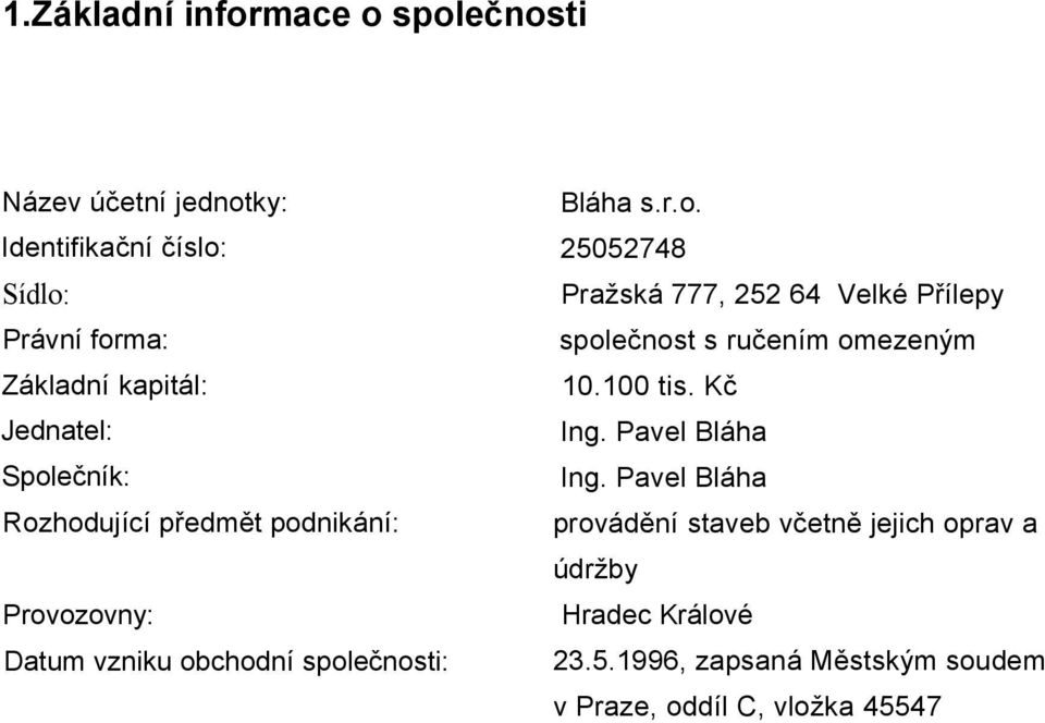 100 tis. Kč Ing. Pavel Bláha Ing. Pavel Bláha provádění staveb včetně jejich oprav a údržby Hradec Králové 23.5.