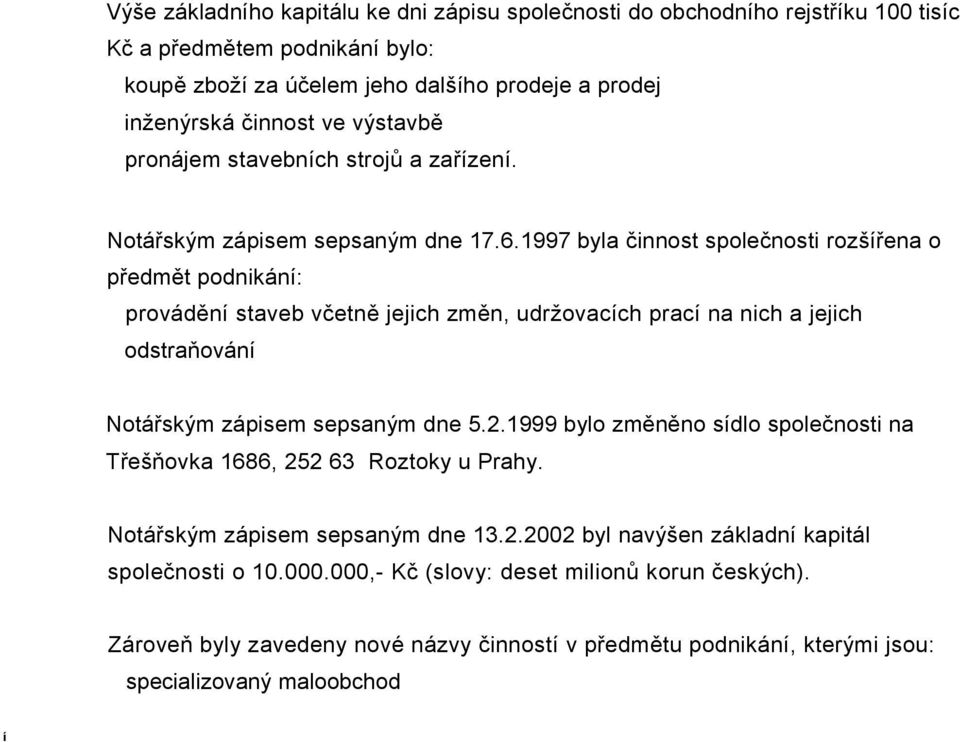 1997 byla činnost společnosti rozšířena o předmět podnikání: provádění staveb včetně jejich změn, udržovacích prací na nich a jejich odstraňování Notářským zápisem sepsaným dne 5.2.