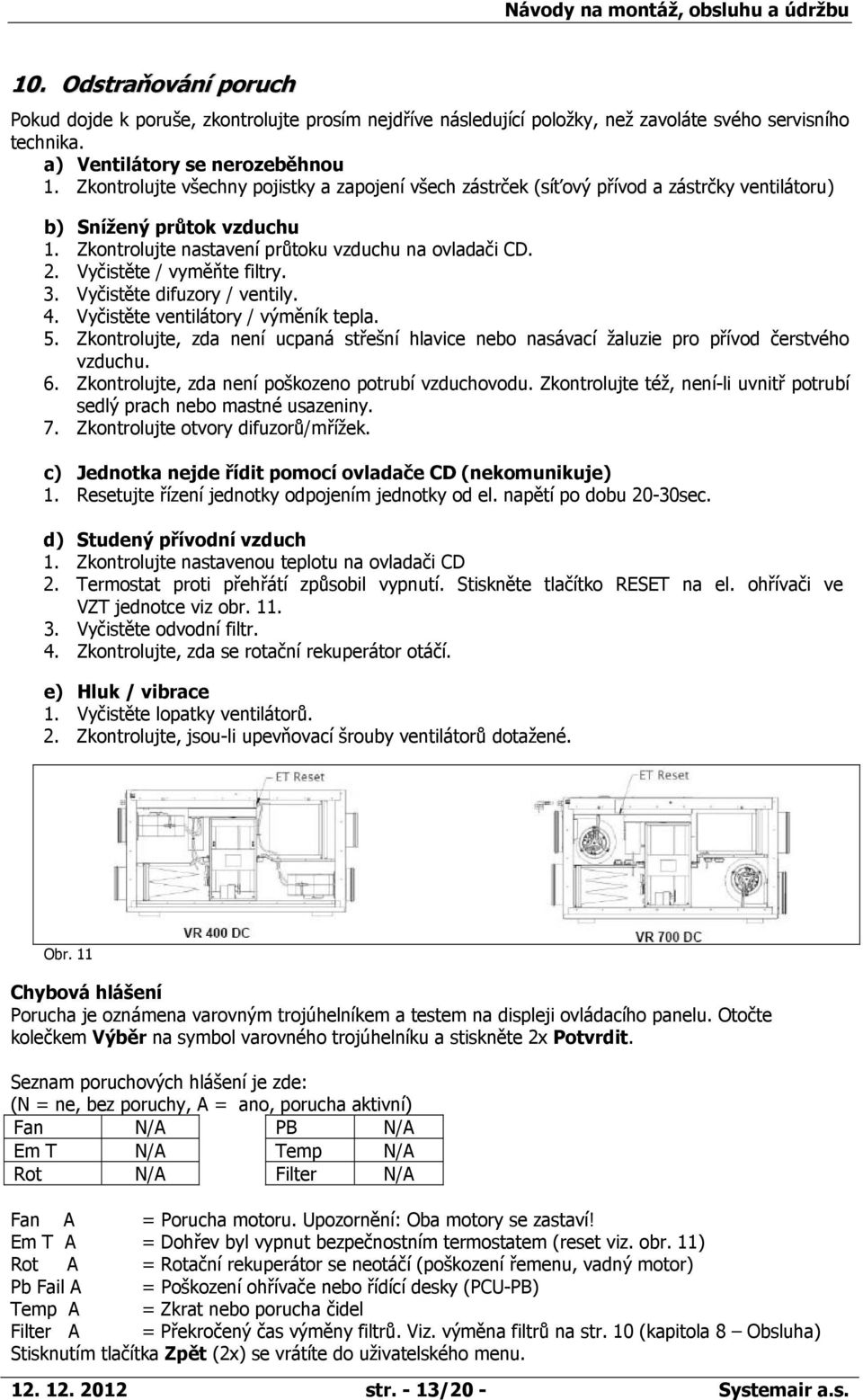 Vyčistěte / vyměňte filtry. 3. Vyčistěte difuzory / ventily. 4. Vyčistěte ventilátory / výměník tepla. 5.