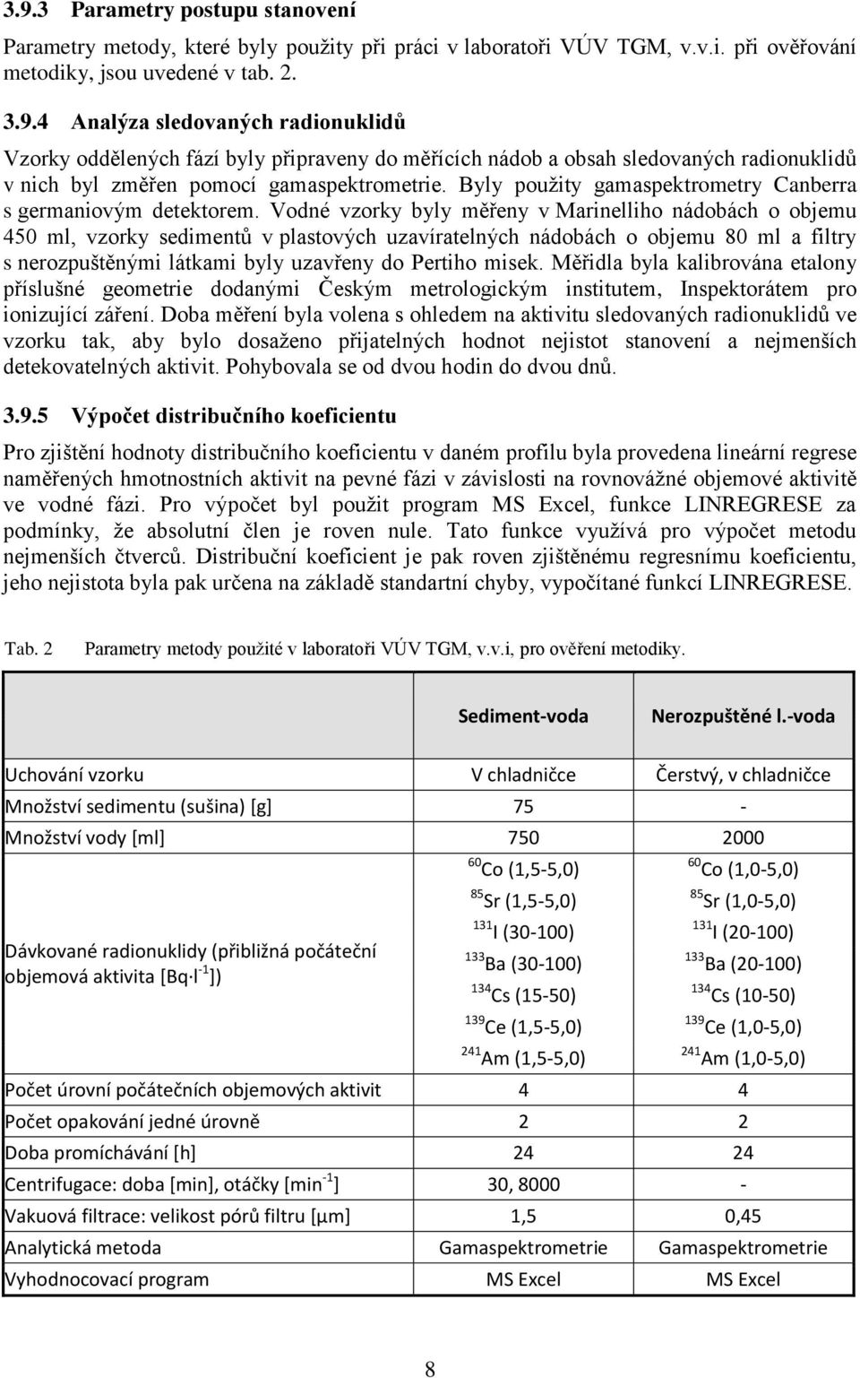 Vodné vzorky byly měřeny v Marinelliho nádobách o objemu 450 ml, vzorky sedimentů v plastových uzavíratelných nádobách o objemu 80 ml a filtry s nerozpuštěnými látkami byly uzavřeny do Pertiho misek.