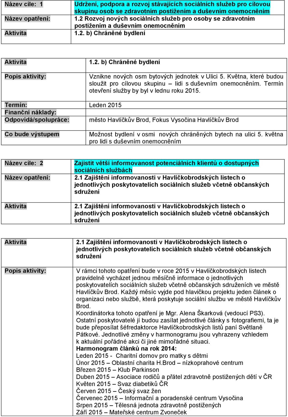 Května, které budou sloužit pro cílovou skupinu lidi s duševním onemocněním. Termín otevření služby by byl v lednu roku 2015.