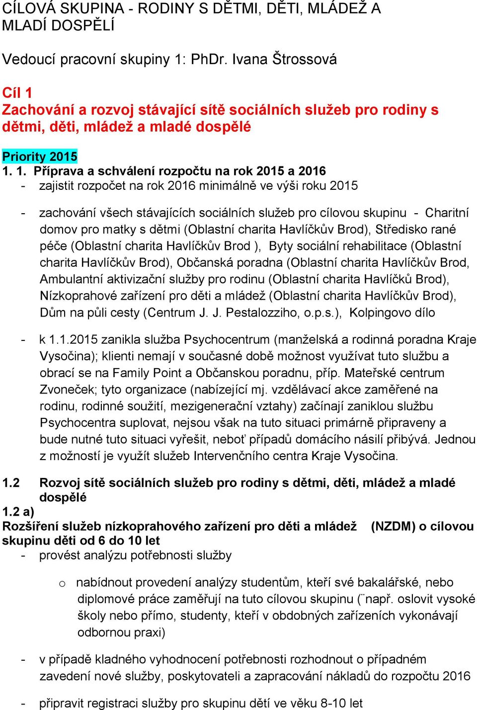 Zachování a rozvoj stávající sítě sociálních služeb pro rodiny s dětmi, děti, mládež a mladé dospělé Priority 2015 1.