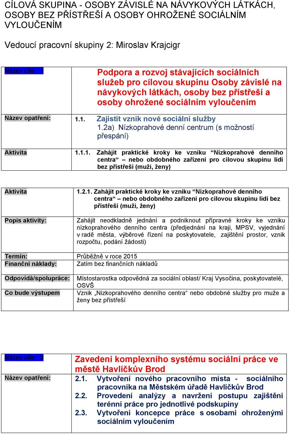 2a) Nízkoprahové denní centrum (s možností přespání) 1.1.1. Zahájit praktické kroky ke vzniku Nízkoprahové denního centra nebo obdobného zařízení pro cílovou skupinu lidí bez přístřeší (muži, ženy) 1.