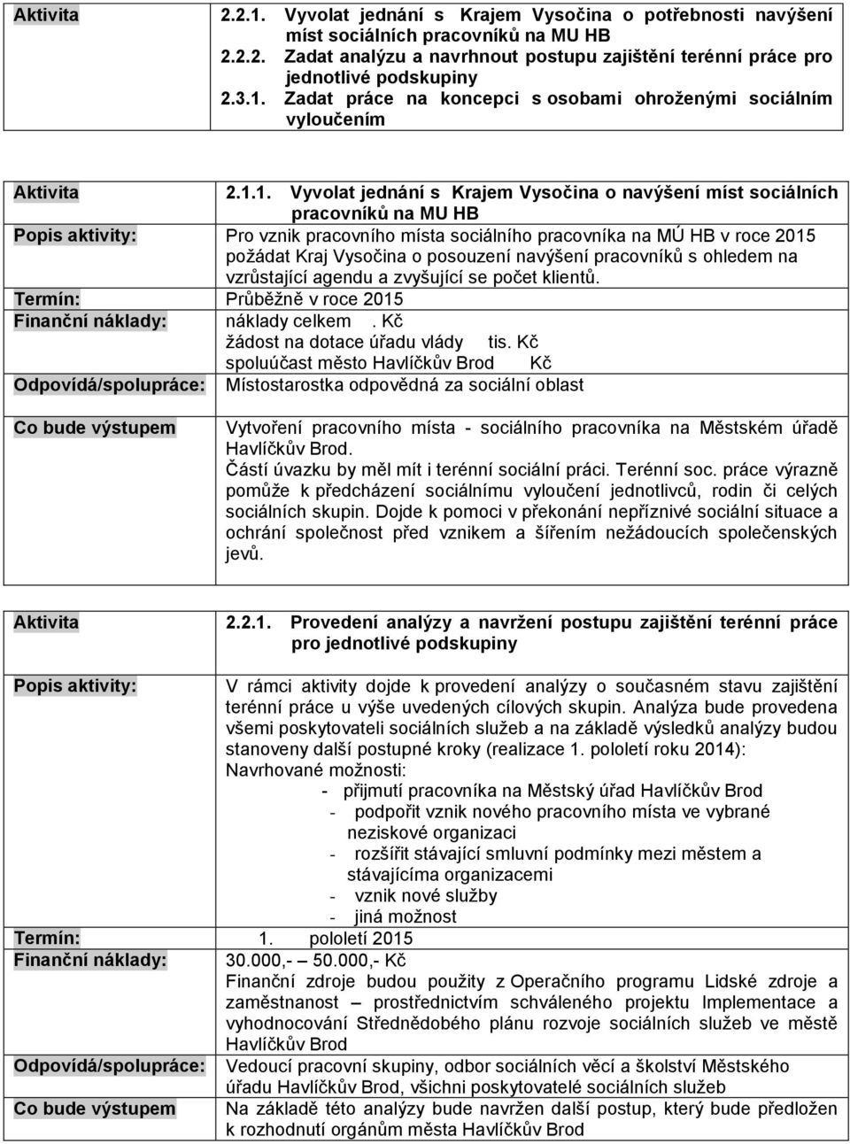 pracovníků s ohledem na vzrůstající agendu a zvyšující se počet klientů. Termín: Průběžně v roce 2015 Finanční náklady: náklady celkem. Kč žádost na dotace úřadu vlády tis.