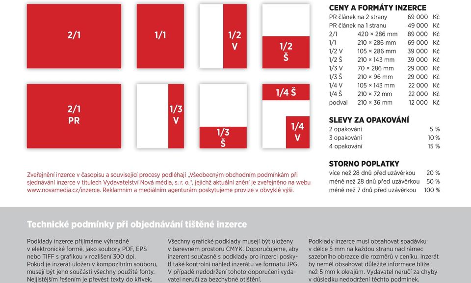 1/4 V CenY A FoRMátY InZeRCe PR článek na 2 strany 69 000 Kč PR článek na 1 stranu 49 000 Kč 2/1 420 286 mm 89 000 Kč 1/1 210 286 mm 69 000 Kč 1/2 V 105 286 mm 39 000 Kč 1/2 Š 210 143 mm 39 000 Kč