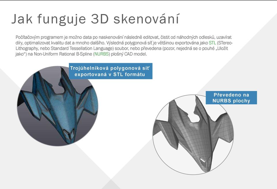 Výsledná polygonová síť je většinou exportována jako STL (STereo- Lithography, nebo Standard Tessellation Language) soubor,