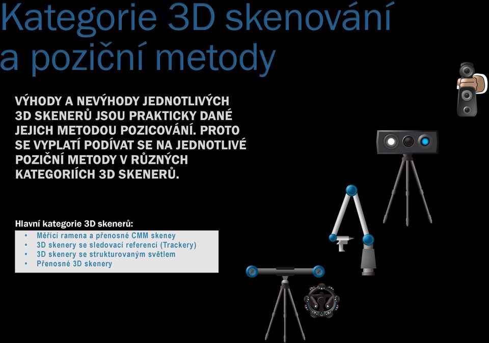 PROTO SE VYPLATÍ PODÍVAT SE NA JEDNOTLIVÉ POZIČNÍ METODY V RŮZNÝCH KATEGORIÍCH 3D SKENERŮ.