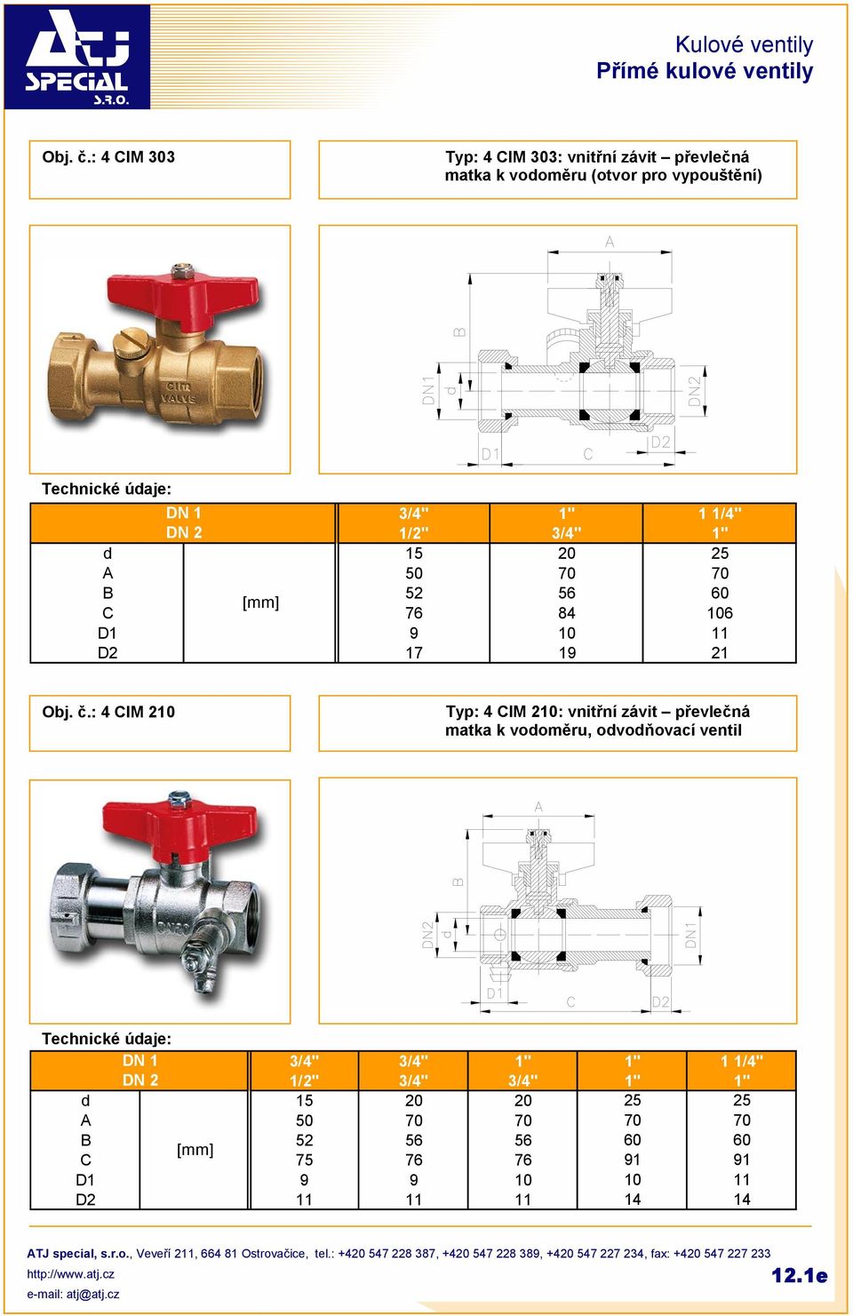 1/2" 3/4" 1" d 15 20 25 A 50 70 70 B 52 56 60 C 76 84 106 D1 9 10 11 D2 17 19 21 Obj. č.