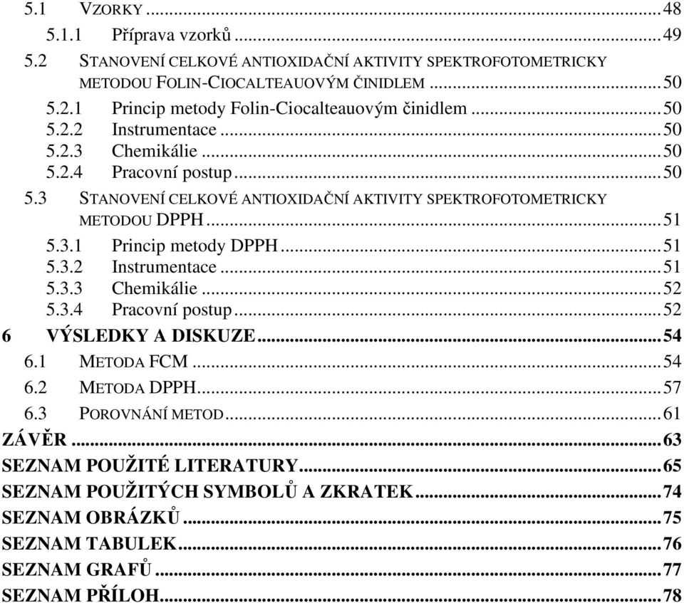 .. 51 5.3.2 Instrumentace... 51 5.3.3 Chemikálie... 52 5.3.4 Pracovní postup... 52 6 VÝSLEDKY A DISKUZE... 54 6.1 METODA FCM... 54 6.2 METODA DPPH... 57 6.3 POROVNÁNÍ METOD... 61 ZÁVĚR.