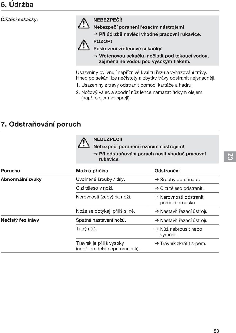 Hned po sekání lze nečistoty a zbytky trávy odstranit nejsnadněji. 1. Usazeniny z trávy odstranit pomocí kartáče a hadru. 2. Nožový válec a spodní nůž lehce namazat řídkým olejem (např.