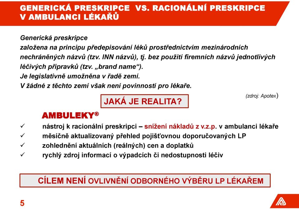 bez použití firemních názvů jednotlivých léčivých přípravků (tzv. brand name ). Je legislativně umožněna v řadě zemí. V žádné z těchto zemí však není povinností pro lékaře.