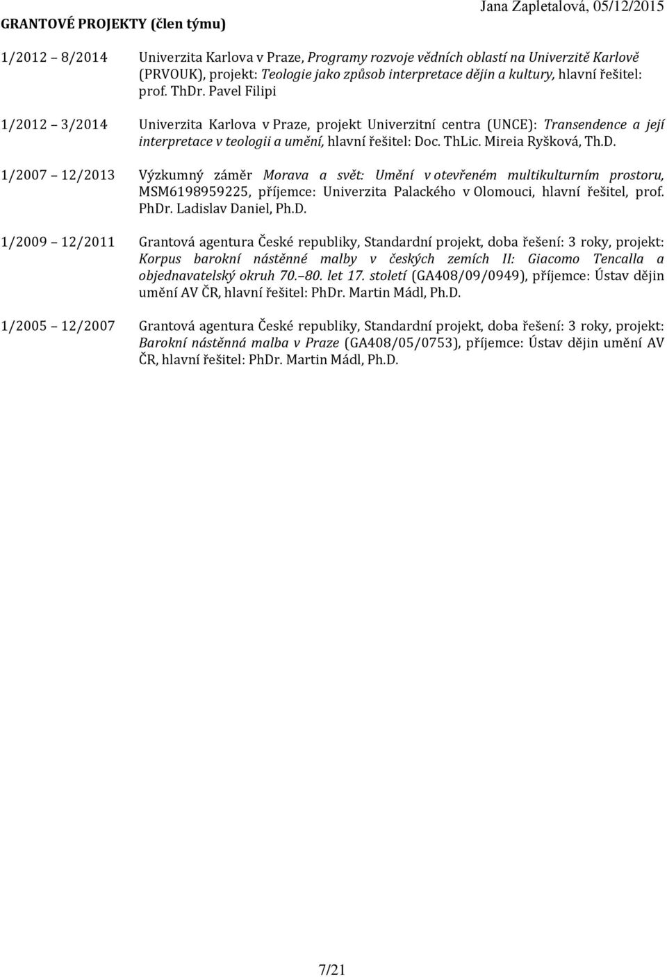 Mireia Ryšková, Th.D. 1/2007 12/2013 Výzkumný záměr Morava a svět: Umění v otevřeném multikulturním prostoru, MSM6198959225, příjemce: Univerzita Palackého v Olomouci, hlavní řešitel, prof. PhDr.