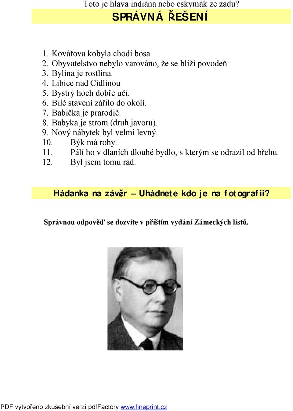 Bílé stavení zářilo do okolí. 7. Babička je prarodič. 8. Babyka je strom (druh javoru). 9. Nový nábytek byl velmi levný. 10. Býk má rohy.