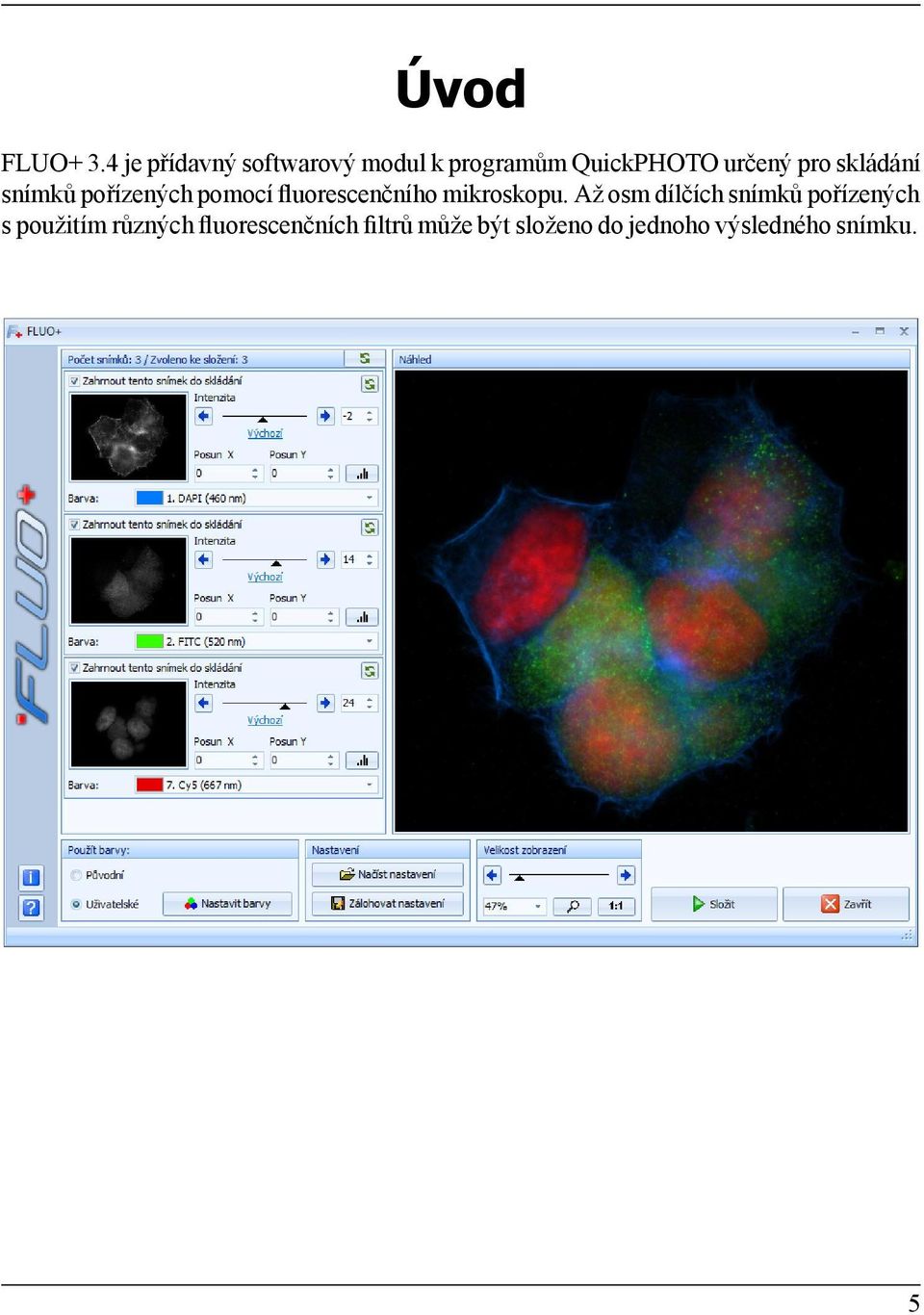 skládání snímků pořízených pomocí fluorescenčního mikroskopu.