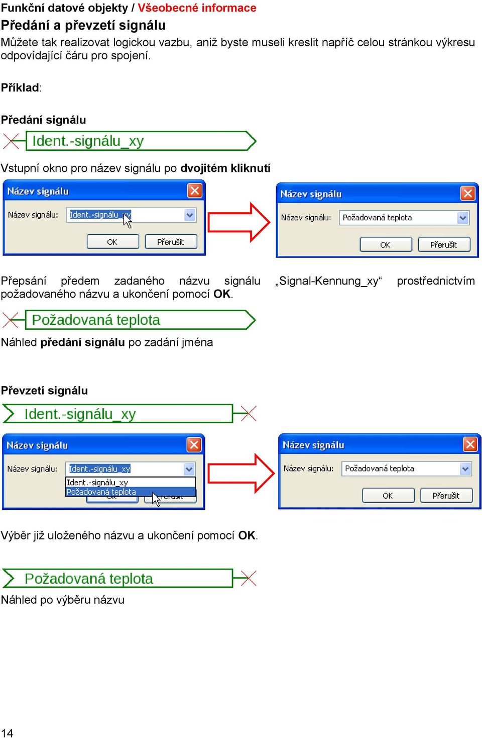 Příklad: Předání signálu Vstupní okno pro název signálu po dvojitém kliknutí Přepsání předem zadaného názvu signálu