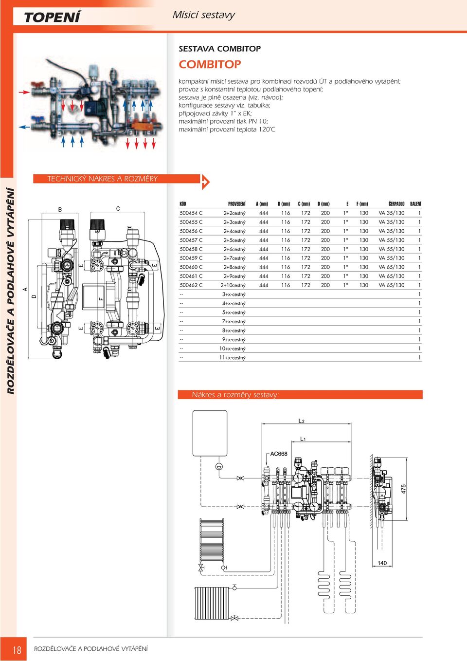 tabulka; pøipojovací závity 1" x EK; KÓD PROVEDENÍ A (mm) B (mm) C (mm) D (mm) E F (mm) ČERPADLO BALENÍ 500454 C 2+2cestný 444 116 172 200 1" 130 VA 35/130 1 500455 C 2+3cestný 444 116 172 200 1" 130