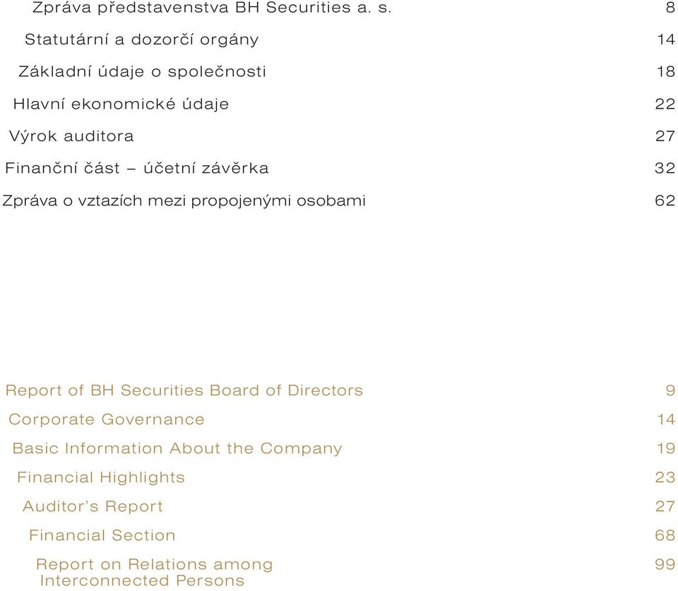 Finanční část účetní závěrka 32 Zpráva o vztazích mezi propojenými osobami 62 Report of BH Securities Board of