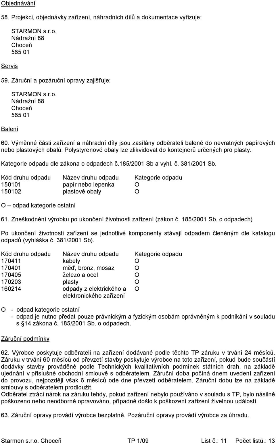 Kategorie odpadu dle zákona o odpadech č.185/2001 Sb a vyhl. č. 381/2001 Sb.