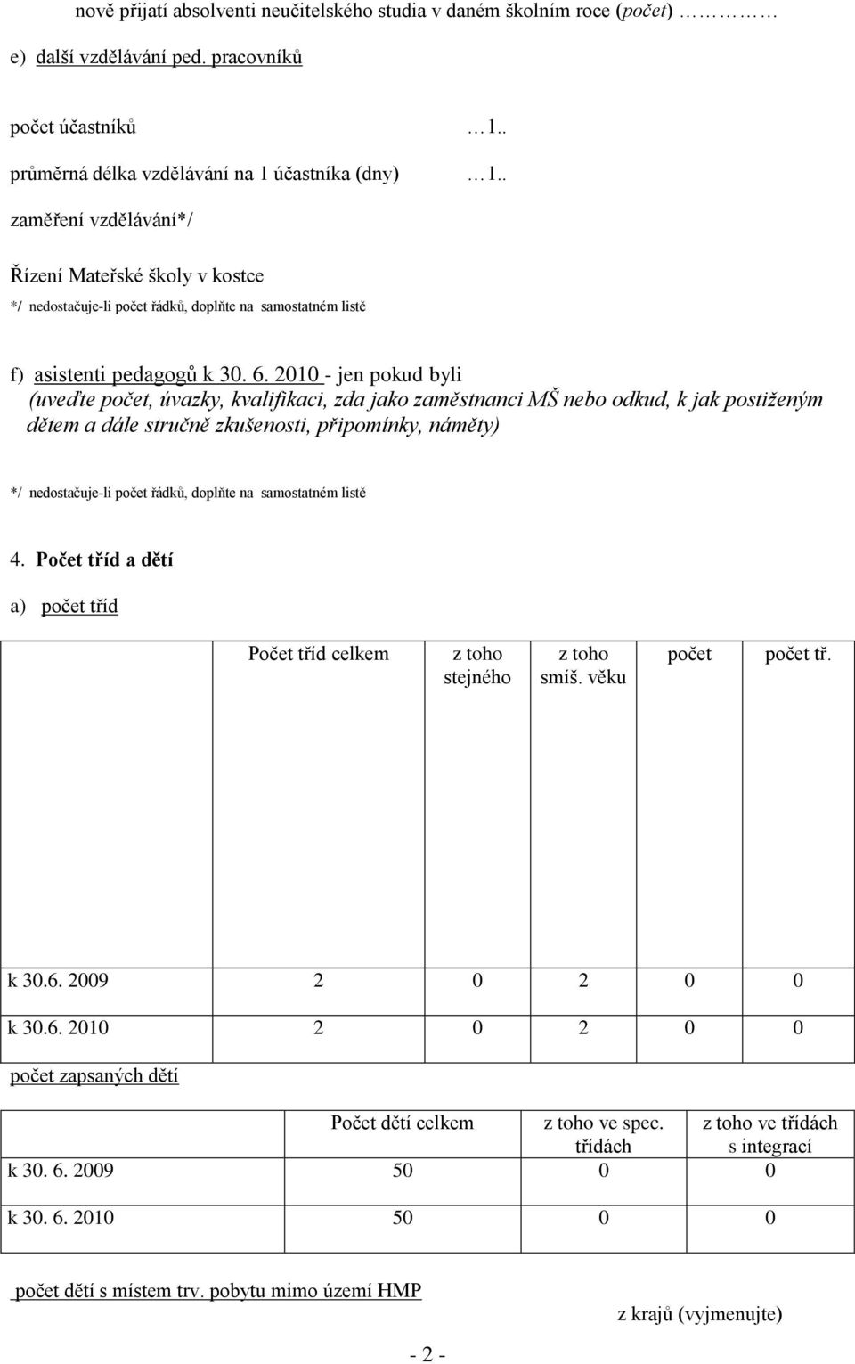 2010 - jen pokud byli (uveďte, úvazky, kvalifikaci, zda jako zaměstnanci MŠ nebo odkud, k jak postiženým dětem a dále stručně zkušenosti, připomínky, náměty) 4.