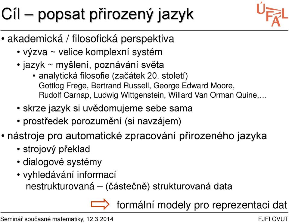 století) Gottlog Frege, Bertrand Russell, George Edward Moore, Rudolf Carnap, Ludwig Wittgenstein, Willard Van Orman Quine, skrze jazyk si