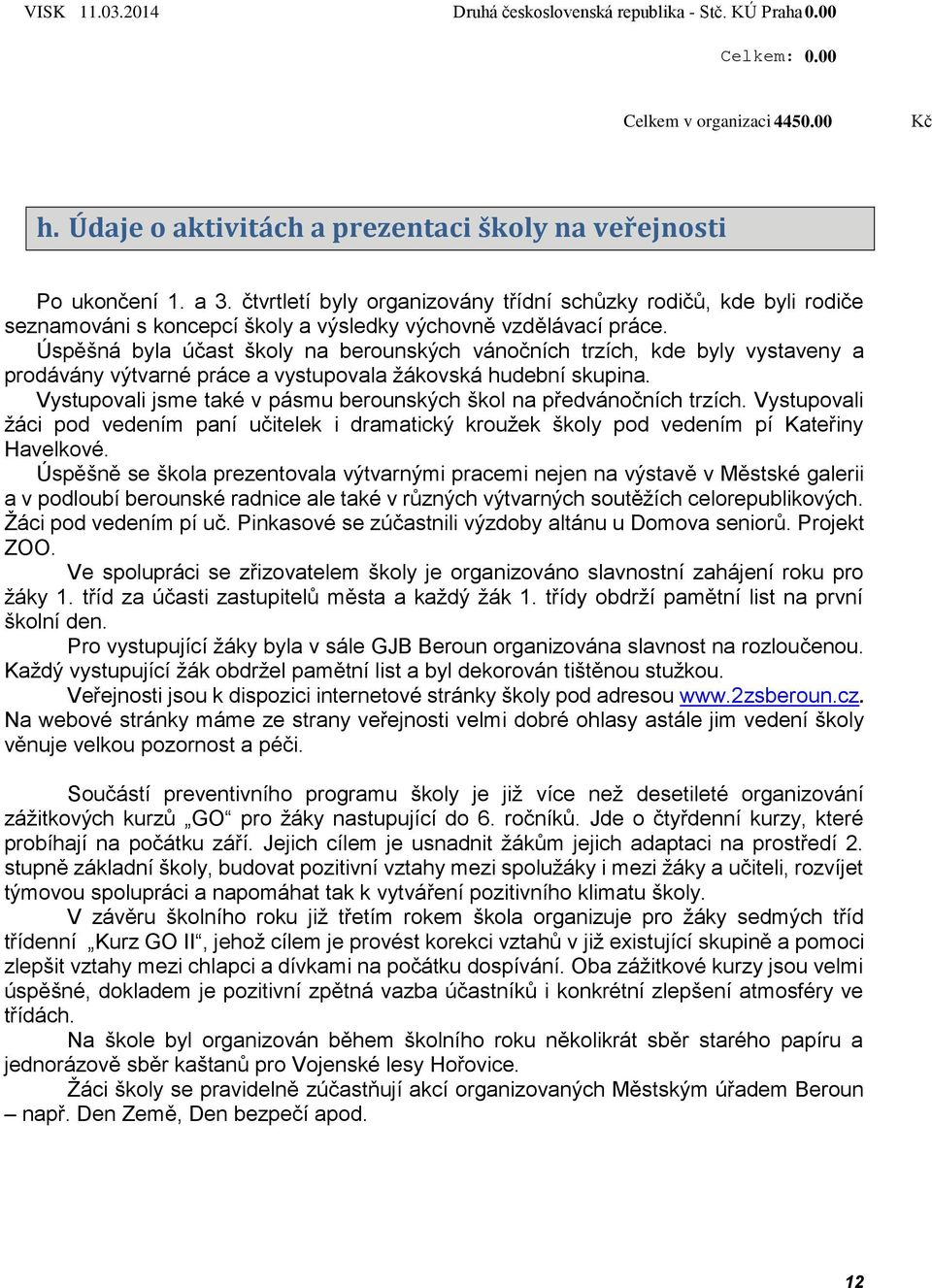 Úspěšná byla účast školy na berounských vánočních trzích, kde byly vystaveny a prodávány výtvarné práce a vystupovala žákovská hudební skupina.