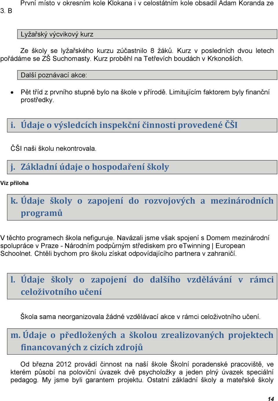 Limitujícím faktorem byly finanční prostředky. i. Údaje o výsledcích inspekční činnosti provedené ČŠI ČŠI naši školu nekontrovala. j. Základní údaje o hospodaření školy Viz příloha k.