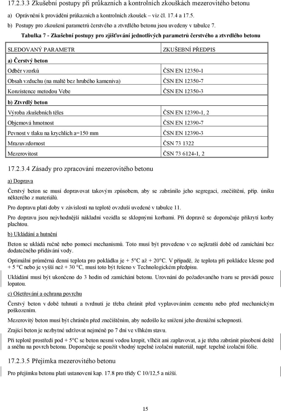 Tabulka 7 - Zkušební postupy pro zjišťování jednotlivých parametrů čerstvého a ztvrdlého betonu SLEDOVANÝ PARAMETR a) Čerstvý beton ZKUŠEBNÍ PŘEDPIS Odběr vzorků ČSN EN 12350-1 Obsah vzduchu (na