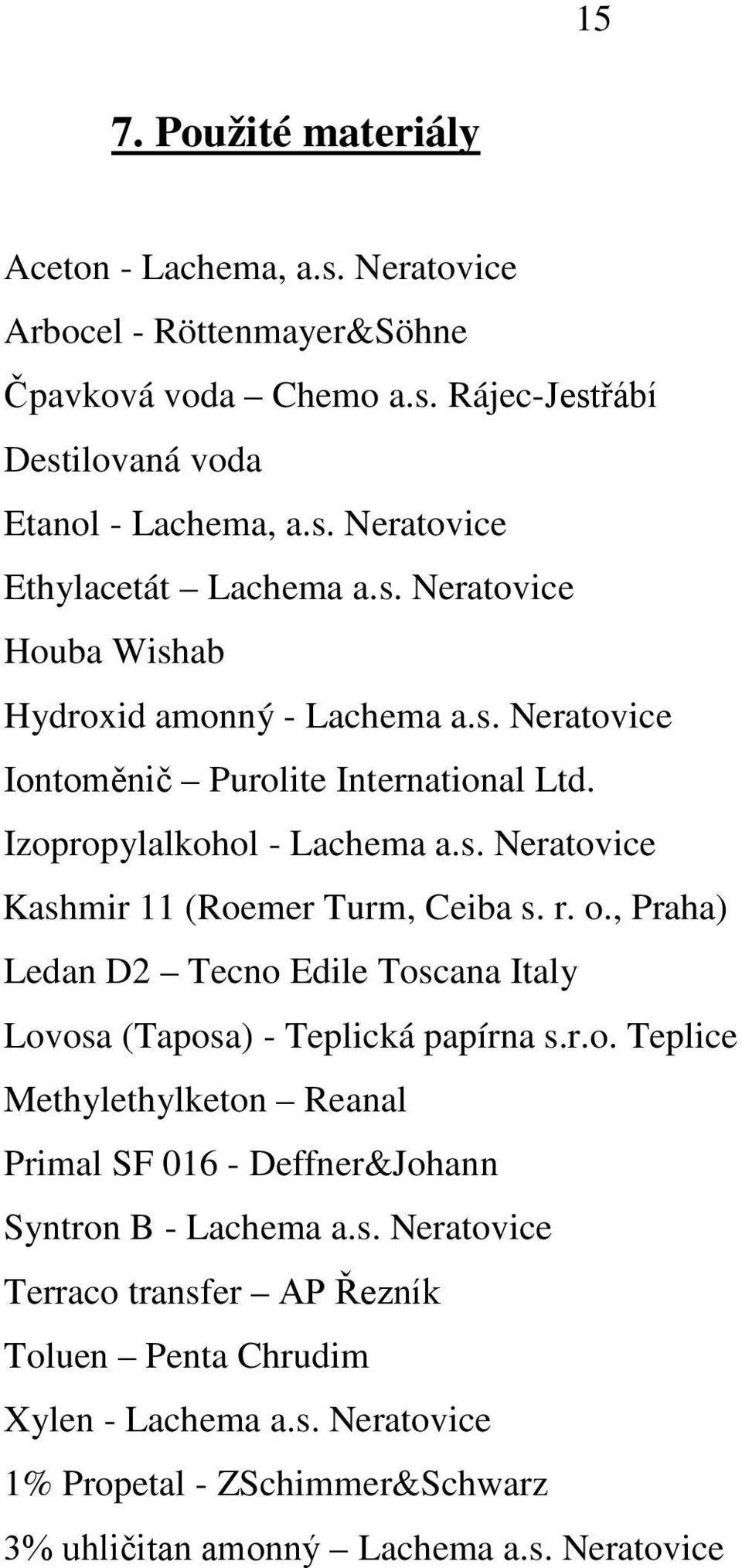 r. o., Praha) Ledan D2 Tecno Edile Toscana Italy Lovosa (Taposa) - Teplická papírna s.r.o. Teplice Methylethylketon Reanal Primal SF 016 - Deffner&Johann Syntron B - Lachema a.s. Neratovice Terraco transfer AP Řezník Toluen Penta Chrudim Xylen - Lachema a.