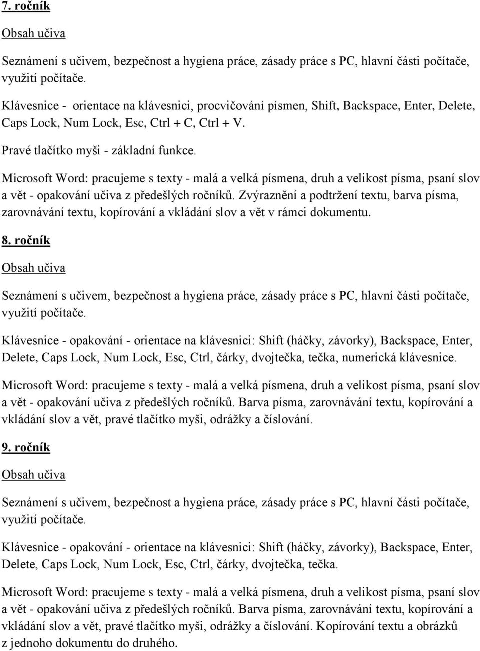 Microsoft Word: pracujeme s texty - malá a velká písmena, druh a velikost písma, psaní slov a vět - opakování učiva z předešlých ročníků.