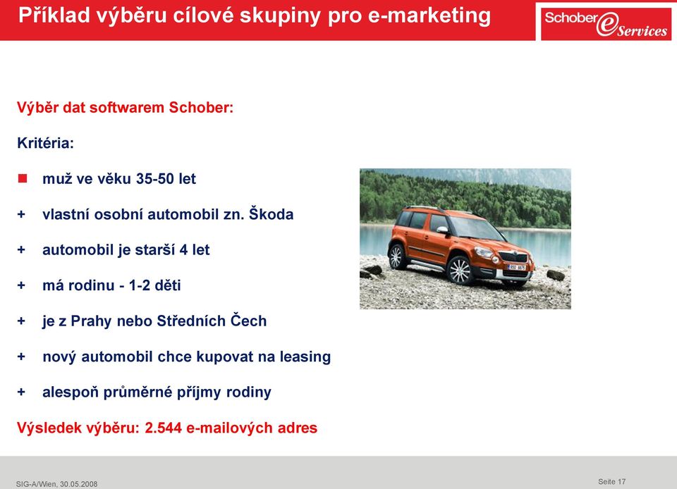 Škoda + automobil je starší 4 let + má rodinu - 1-2 děti + je z Prahy nebo Středních