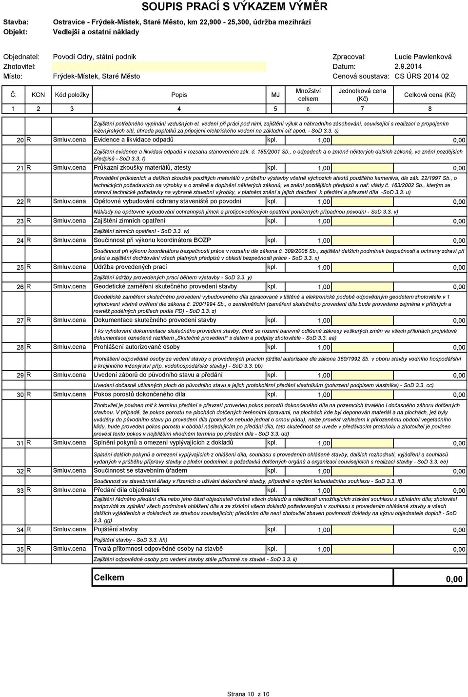 - SoD 3.3. s) 20 R Smluv.cena Evidence a likvidace odpadů kpl. 1,00 0,00 Zajištění evidence a likvidaci odpadů v rozsahu stanoveném zák. č. 185/2001 Sb.