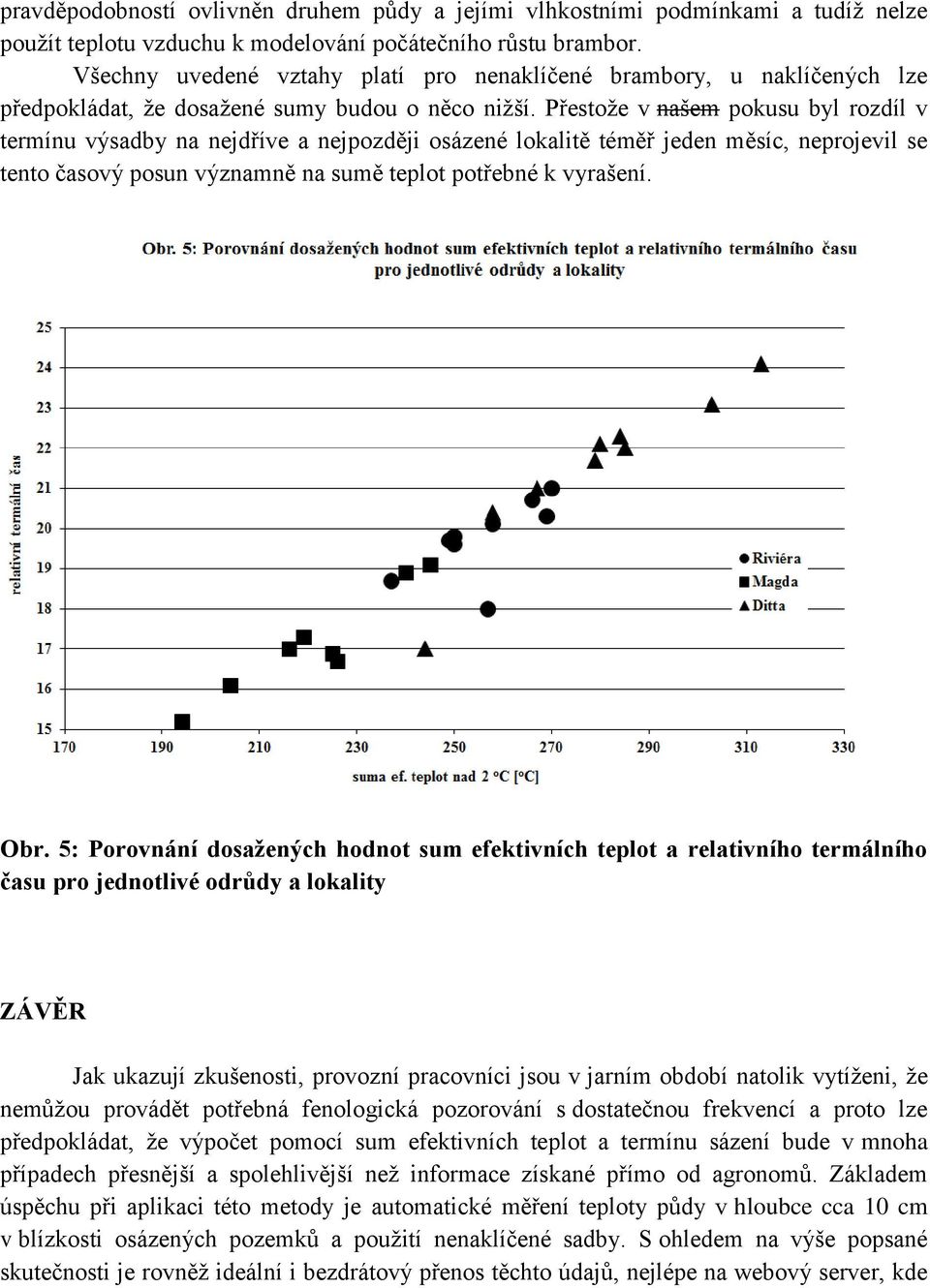 Přestože v našem pokusu byl rozdíl v termínu výsadby na nejdříve a nejpozději osázené lokalitě téměř jeden měsíc, neprojevil se tento časový posun významně na sumě teplot potřebné k vyrašení. Obr.