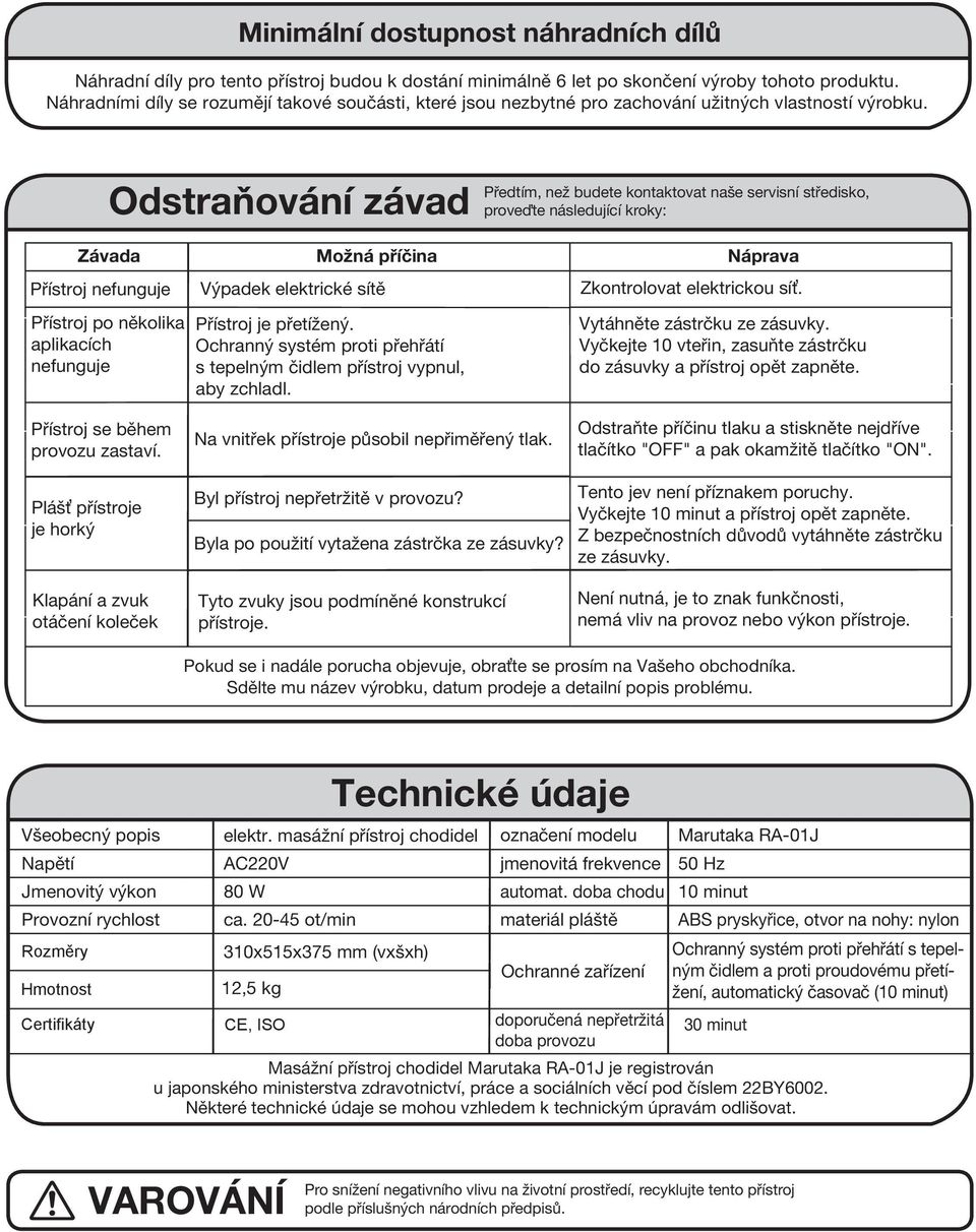 Odstraňování závad Předtím, než budete kontaktovat naše servisní středisko, proveďte následující kroky: Závada Možná příčina Náprava Přístroj nefunguje Výpadek elektrické sítě Zkontrolovat