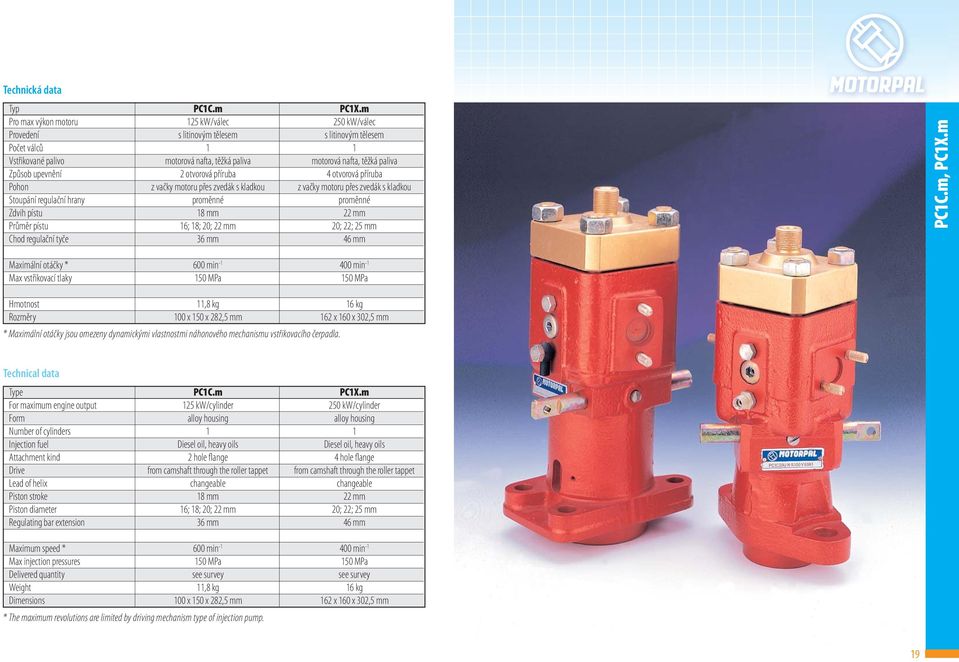 m 250 kw/válec s litinovým tělesem 1 motorová nafta, těžká paliva 4 otvorová příruba z vačky motoru přes zvedák s kladkou proměnné 22 mm 20; 22; 25 mm 46 mm PC1C.m, PC1X.
