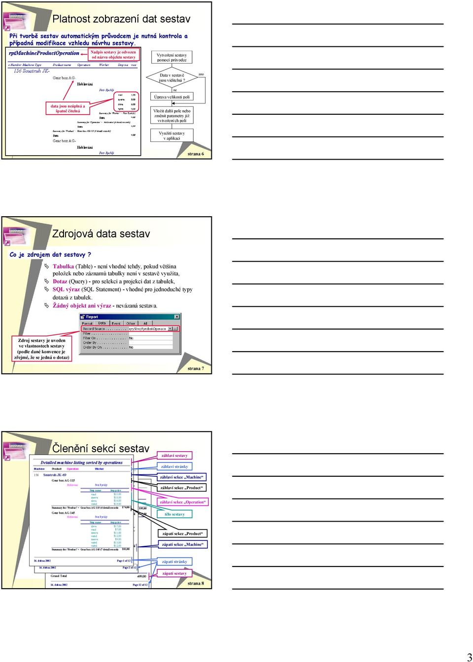 ano ne Úprava velikosti polí data jsou neúplná a špatně čitelná Vložit další pole nebo změnit parametry již vytvořených polí Využití sestavy v aplikaci strana 6 Zdrojová data sestav Co je zdrojem dat