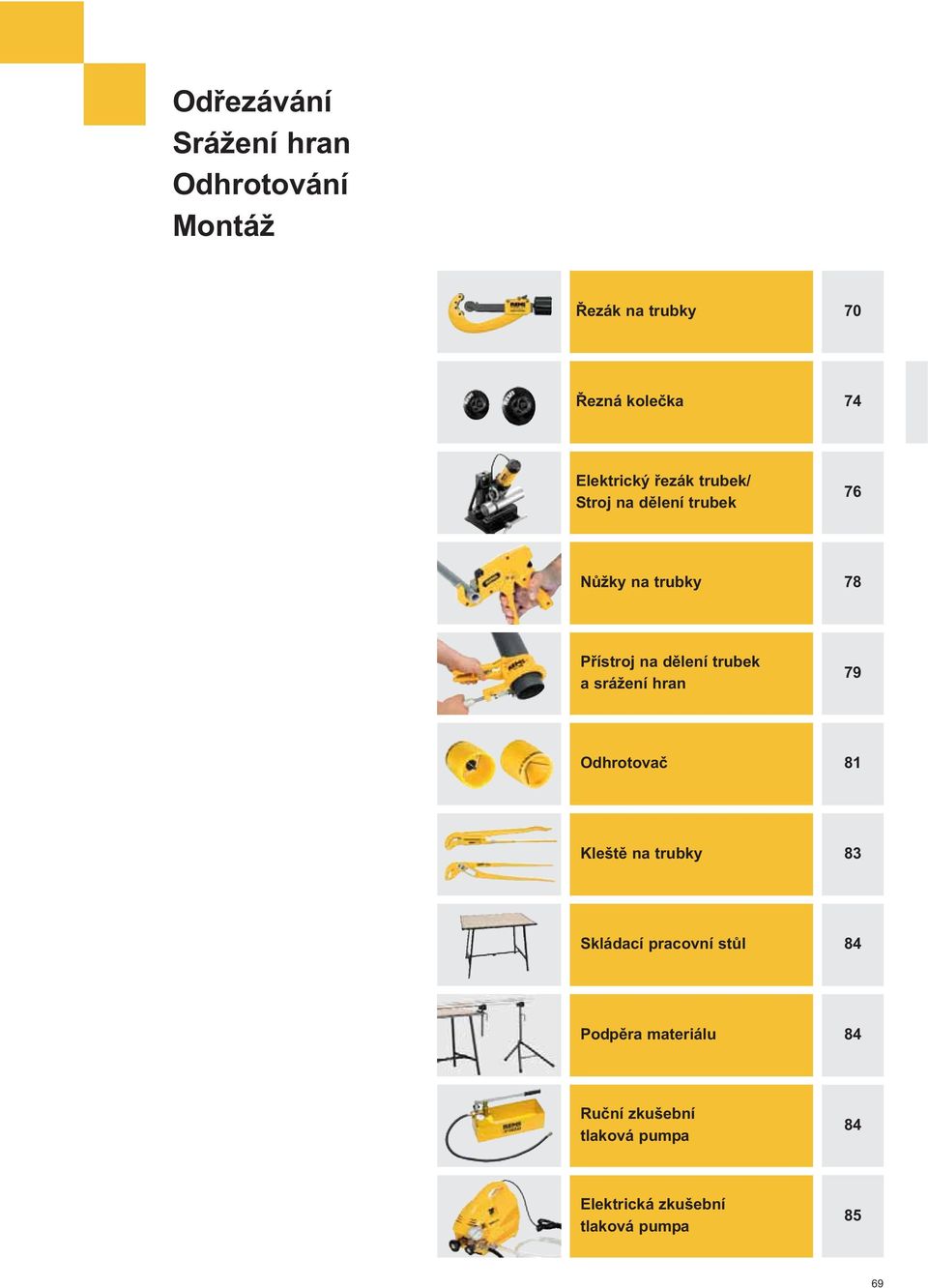 dělení trubek a srážení hran 79 Odhrotovač 8 Kleště na trubky 83 Skládací pracovní