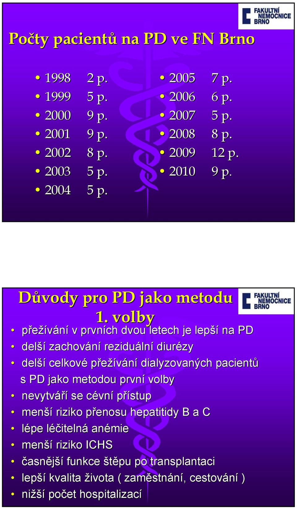 volby přežívání v prvních dvou letech je lepší na PD delší zachování reziduáln lní diurézy delší celkové přežívání dialyzovaných pacientů s PD jako