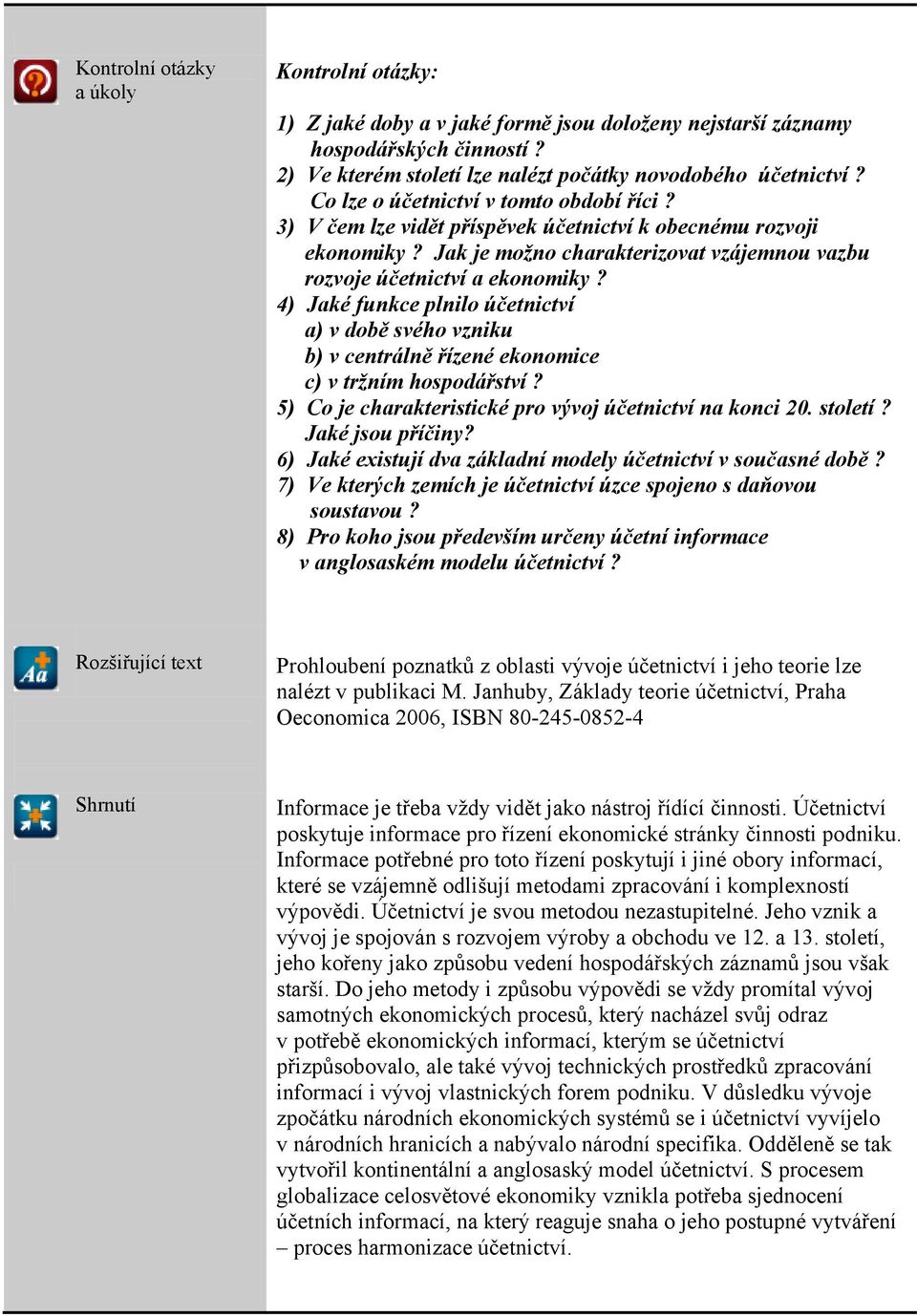 4) Jaké funkce plnilo účetnictví a) v době svého vzniku b) v centrálně řízené ekonomice c) v tržním hospodářství? 5) Co je charakteristické pro vývoj účetnictví na konci 20. století?