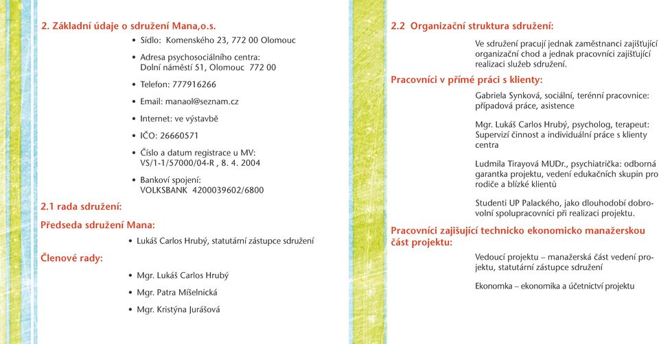 cz Internet: ve výstavbě IČO: 26660571 Číslo a datum registrace u MV: VS/1-1/57000/04-R, 8. 4. 2004 Bankoví spojení: VOLKSBANK 4200039602/6800 Lukáš Carlos Hrubý, statutární zástupce sdružení Mgr.