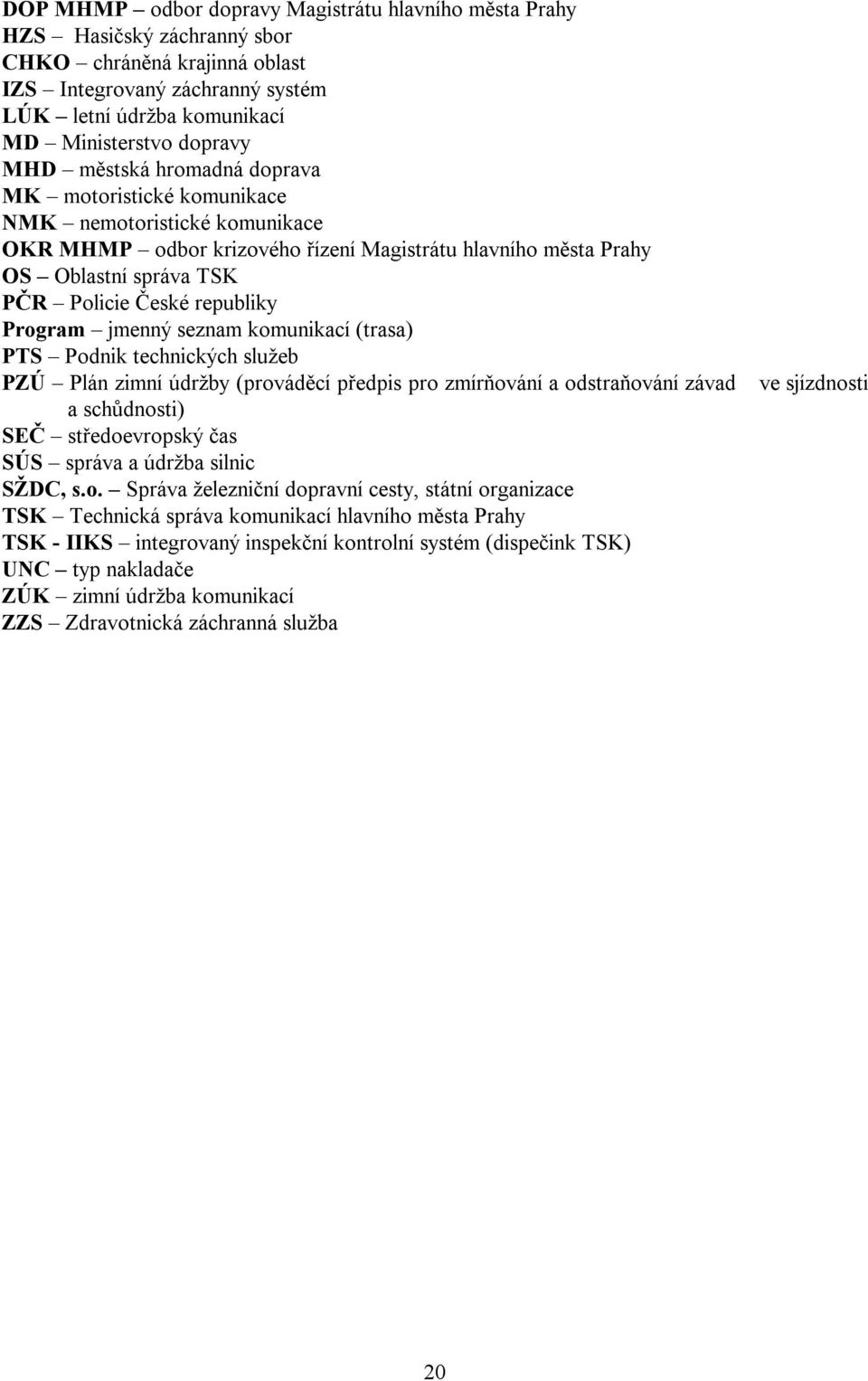 republiky Program jmenný seznam komunikací (trasa) PTS Podnik technických služeb PZÚ Plán zimní údržby (prováděcí předpis pro zmírňování a odstraňování závad a schůdnosti) SEČ středoevropský čas SÚS