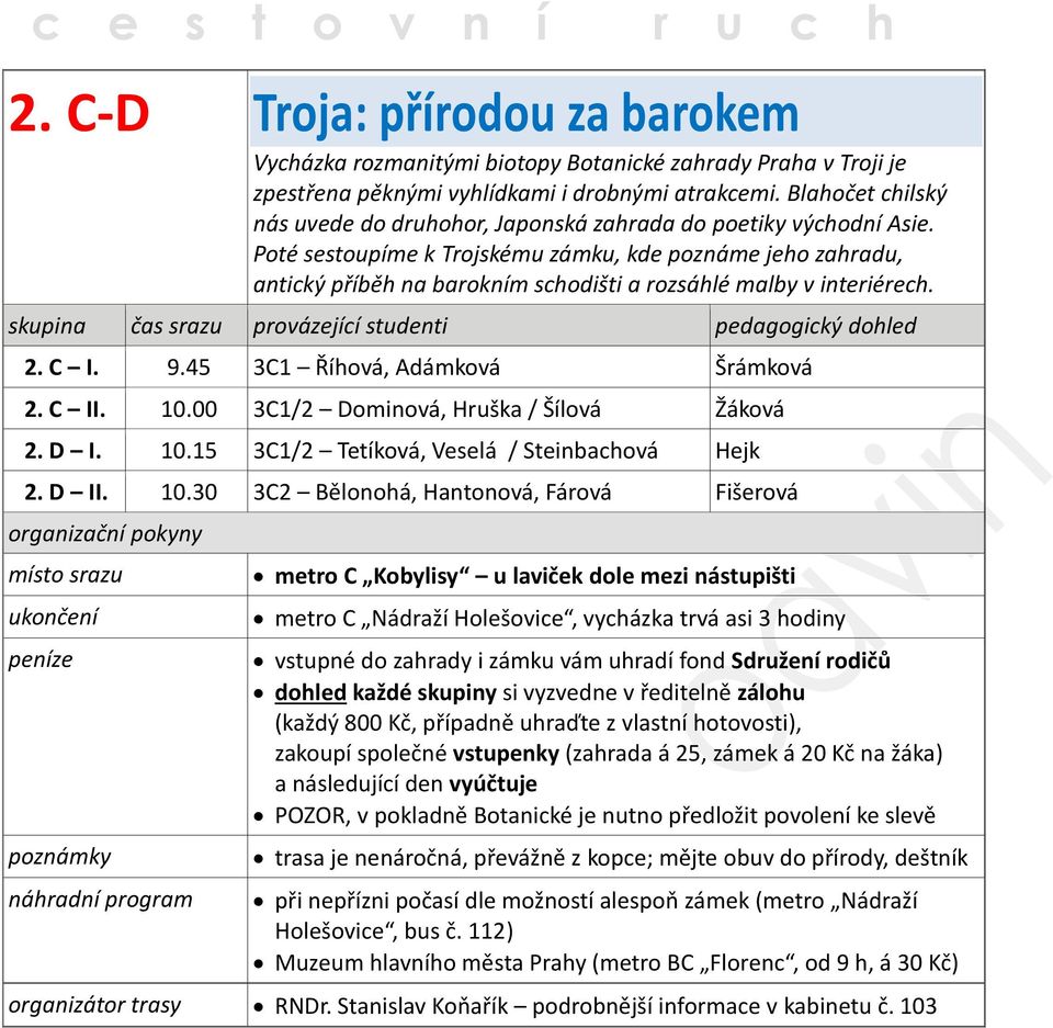 Poté sestoupíme k Trojskému zámku, kde poznáme jeho zahradu, antický příběh na barokním schodišti a rozsáhlé malby v interiérech. skupina čas srazu provázející studenti pedagogický dohled 2. C I. 9.