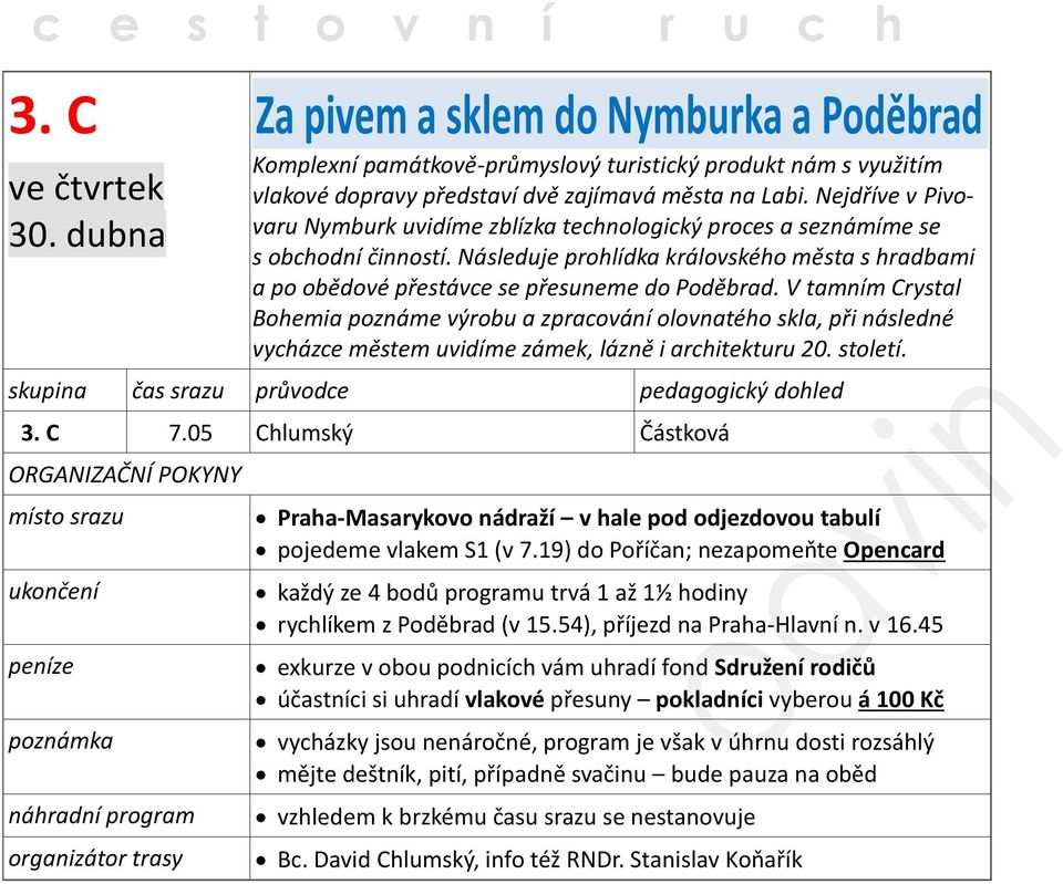 V tamním Crystal Bohemia poznáme výrobu a zpracování olovnatého skla, při následné vycházce městem uvidíme zámek, lázně i architekturu 20. století. skupina čas srazu průvodce pedagogický dohled 3.