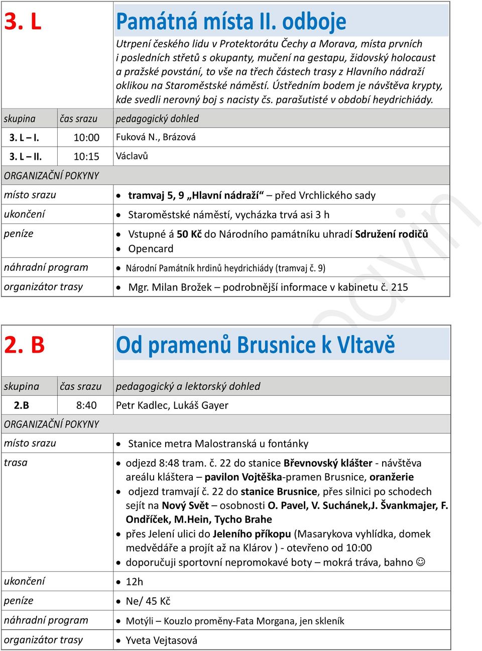 Hlavního nádraží oklikou na Staroměstské náměstí. Ústředním bodem je návštěva krypty, kde svedli nerovný boj s nacisty čs. parašutisté v období heydrichiády. 3. L I. 10:00 Fuková N., Brázová 3. L II.