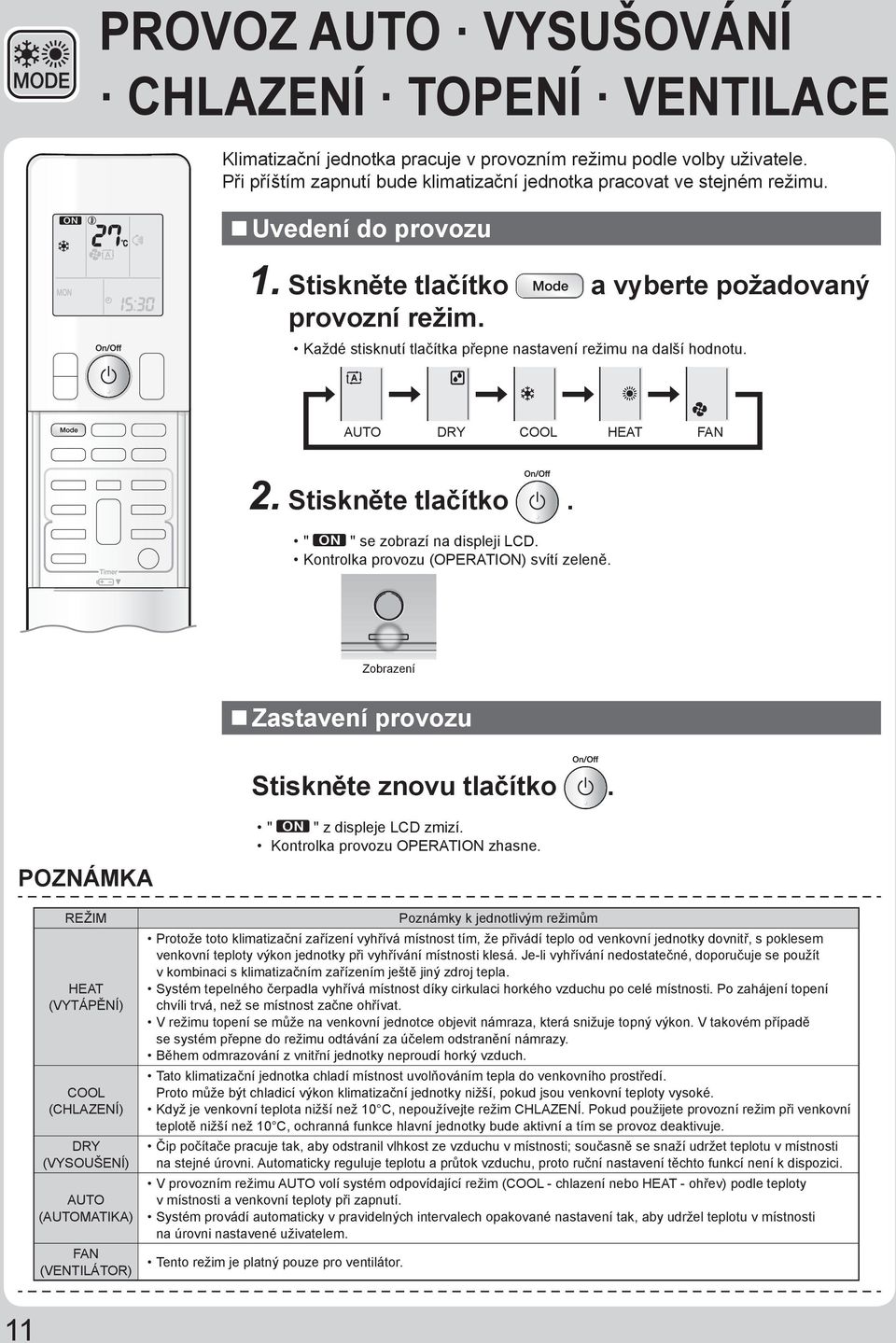 Kontrolka provozu (OPERATION) svítí zeleně. Zobrazení Zastavení provozu Stiskněte znovu tlačítko. POZNÁMKA " " z displeje LCD zmizí. Kontrolka provozu OPERATION zhasne.