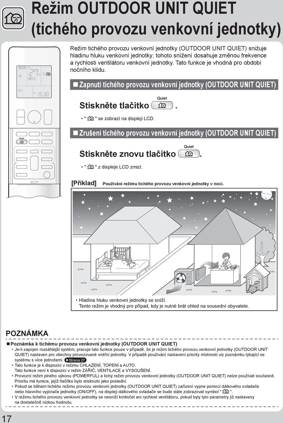 " " se zobrazí na displeji LCD. Zrušení tichého provozu venkovní jednotky (OUTDOOR UNIT QUIET) Stiskněte znovu tlačítko. " " z displeje LCD zmizí.