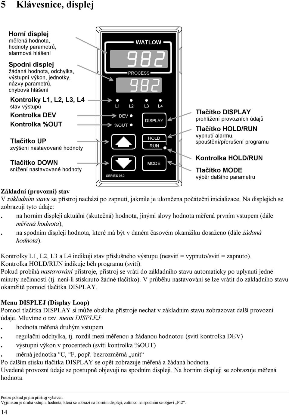 SERIES 982 Tlačítko DISPLAY prohlížení provozních údajů Tlačítko HOLD/RUN vypnutí alarmu, spouštění/přerušení programu Kontrolka HOLD/RUN Tlačítko MODE výběr dalšího parametru Základní (provozní)