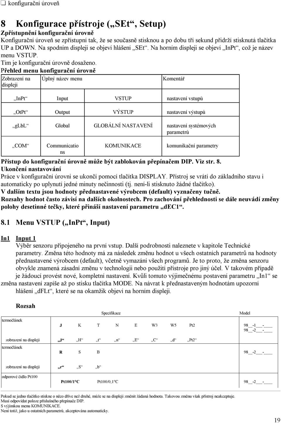 Přehled menu konfigurační úrovně Zobrazení na Úplný název menu displeji Komentář InPt Input VSTUP nastavení vstupů OtPt Output VÝSTUP nastavení výstupů glbl Global GLOBÁLNÍ NASTAVENÍ nastavení