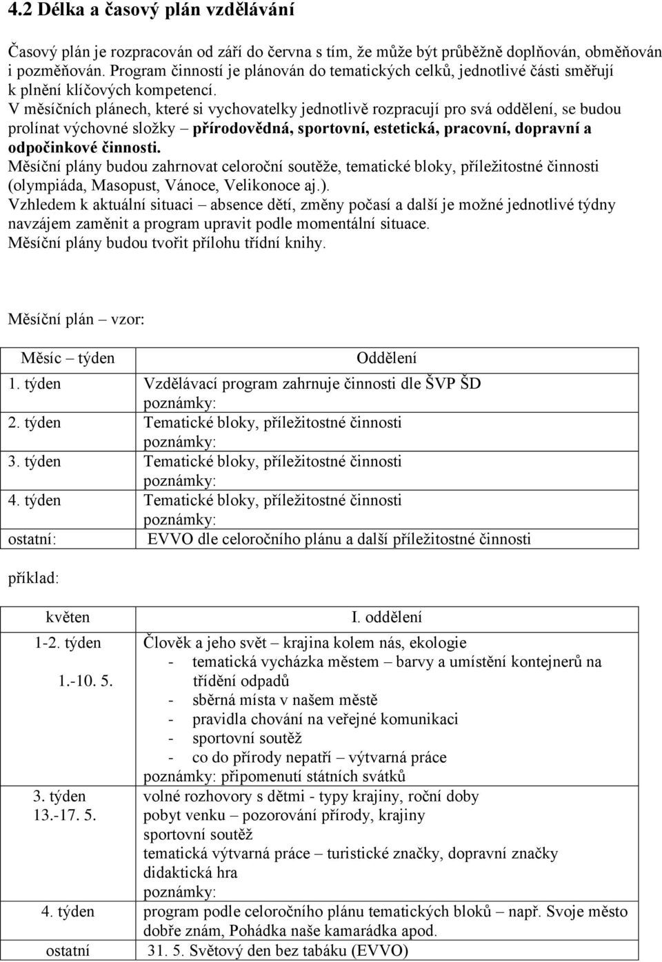 V měsíčních plánech, které si vychovatelky jednotlivě rozpracují pro svá oddělení, se budou prolínat výchovné sloţky přírodovědná, sportovní, estetická, pracovní, dopravní a odpočinkové činnosti.