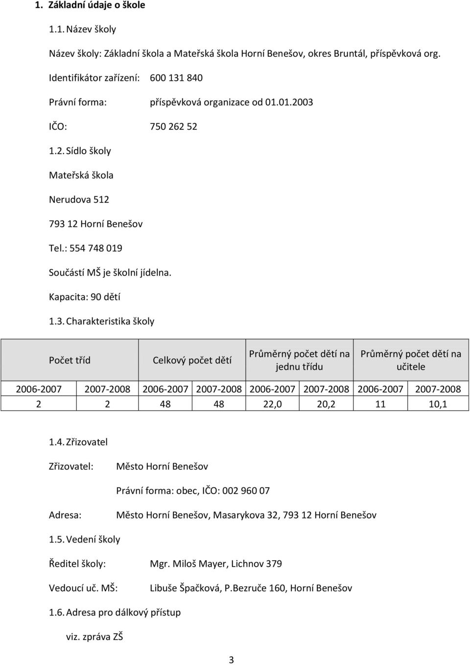 : 554 748 019 Součástí MŠ je školní jídelna. Kapacita: 90 dětí 1.3.